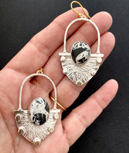White Buffalo Turquoise, Silver and 22k gold Earrings
