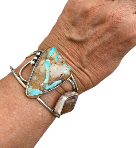 Large Ribbon Turquoise and Sterling Leather Bracelet