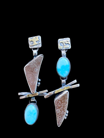 White Buffalo Turquoise, Silver and 22k gold Earrings