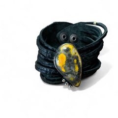 Bumblebee Jasper and sterling on leather bracelet