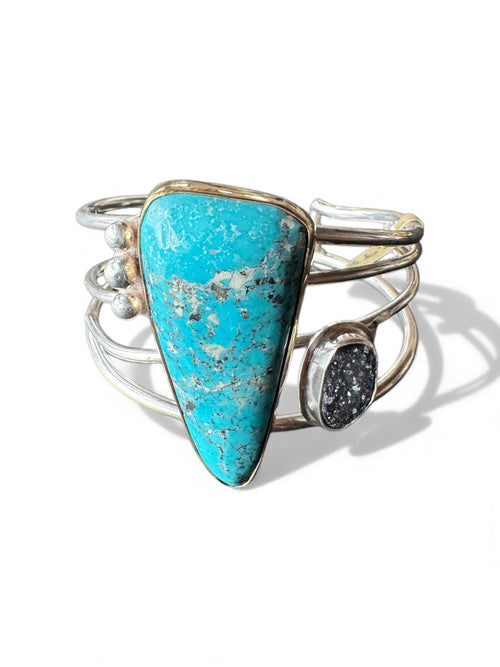 Natural Turquoise and Black Druzy Sterling Cuff
