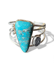 Natural Turquoise and Black Druzy Sterling Cuff