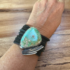 Extra Large Royston Turquoise and Silver Leather Bracelet