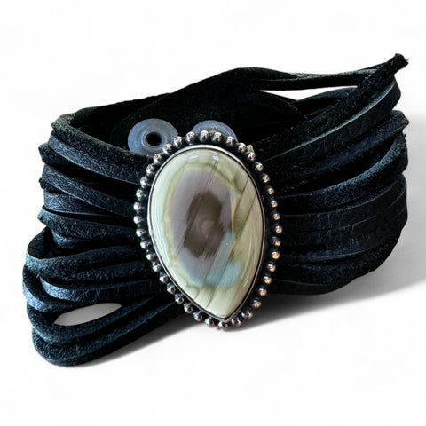 Turquoise and White Feldspar Silver and Leather Bracelet