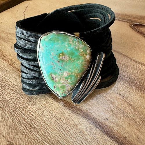 Extra Large Royston Turquoise and Silver Leather Bracelet