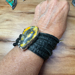 Bumblebee Jasper and sterling on leather bracelet