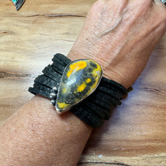 Bumblebee Jasper and sterling on leather bracelet