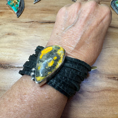 Bumblebee Jasper and sterling on leather bracelet