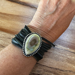 Rare Natural Cabachon and Sterling  Leather Bracelet