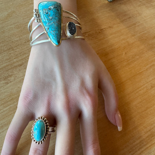 Natural Turquoise and Black Druzy Sterling Cuff