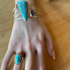 Natural Turquoise and Black Druzy Sterling Cuff