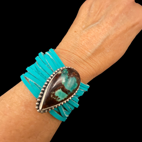 Large Ribbon Turquoise and Sterling Leather Bracelet